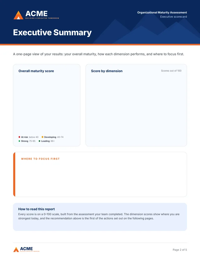 One page of an existing assessment report design, as a PDF: a navy header with the title Executive Summary and empty cards for the overall score, the score by dimension and the first recommendation. It contains no data.