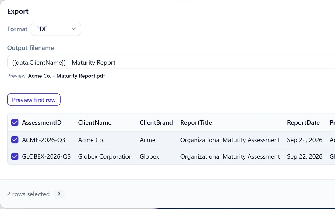 The export dialog in the product with the Acme and Globex rows selected and PDF chosen as the format.